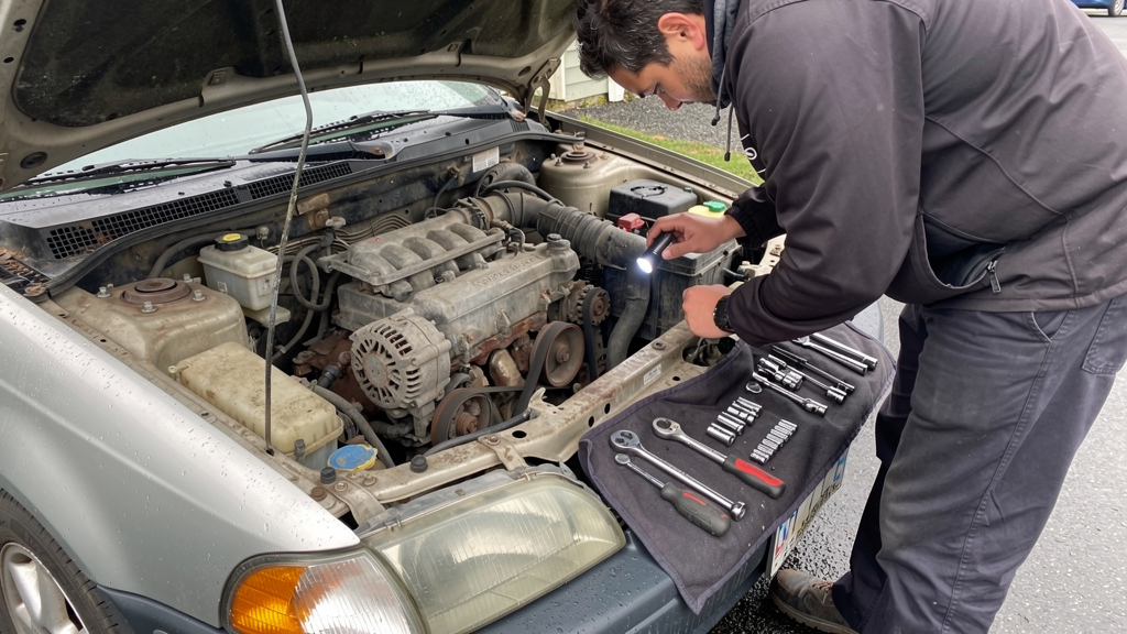 Mechanic inspecting starting and charging components under a vehicle hood