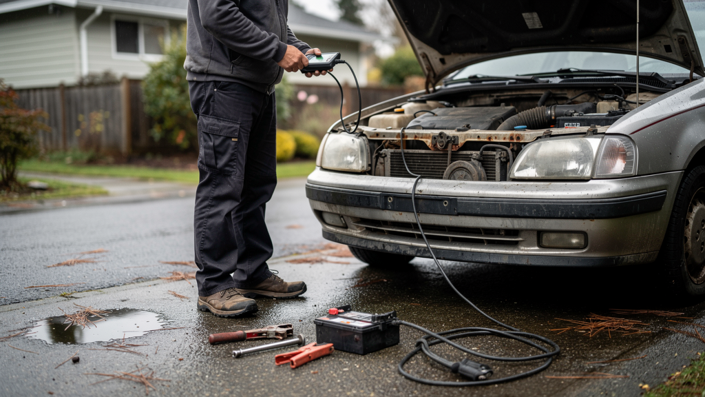 Automotive battery and testing tools ready for a mobile service call