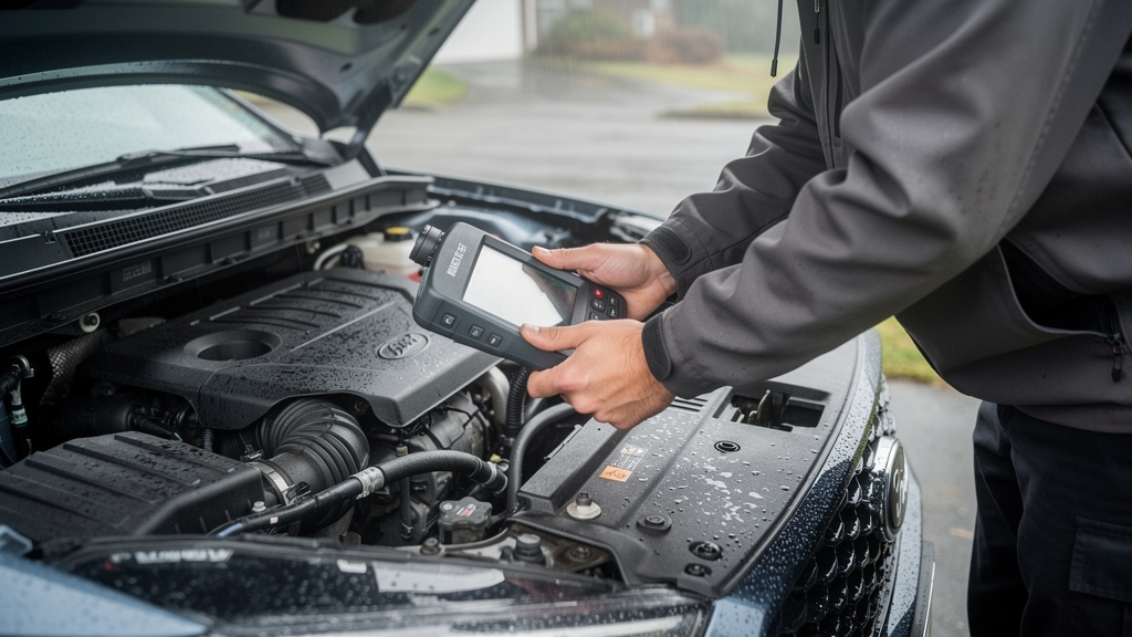 Mechanic checking a vehicle with an automotive diagnostic tool