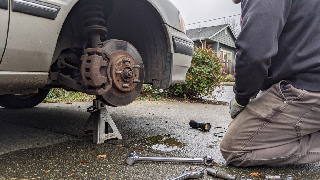 Brake rotor and service tools beside a vehicle wheel