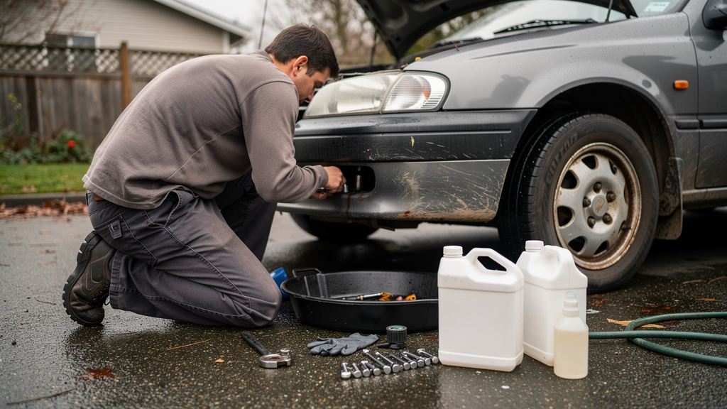 Fluid service tools and a drain pan beside a vehicle