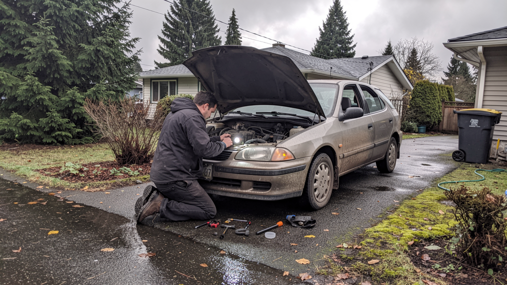 Mobile mechanic checking a vehicle in a Seattle driveway