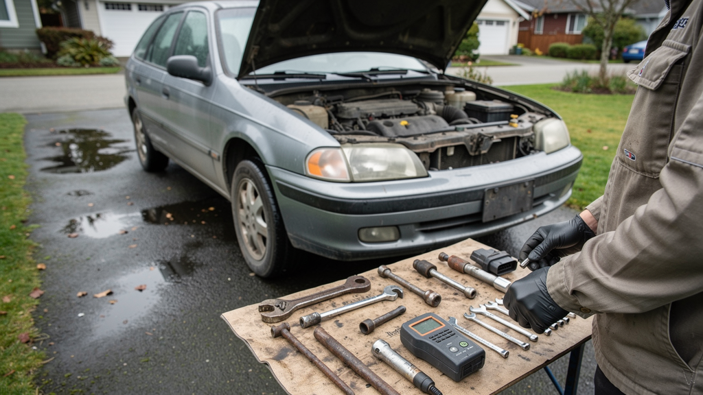 Mechanic tools arranged beside an open vehicle hood in a Seattle driveway