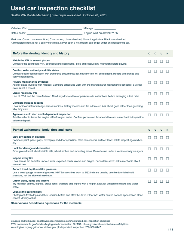 Preview of the printable used car inspection worksheet with status columns and space for notes