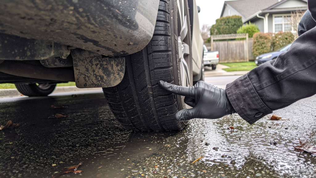 Mechanic checking a used car tire tread on a damp driveway